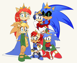 Size: 1995x1627 | Tagged: safe, artist:risziarts, manik acorn, sally acorn, sonia acorn, sonic the hedgehog, oc, oc:alicia acorn, oc:nigel acorn, chipmunk, hedgehog, 25/30 years later, au:sonic world travel, blue power pattern, cyan power pattern, family, father and daughter, father and son, king sonic, marriage ring, mother and daughter, mother and son, other power patterns, queen sally acorn, roboticized, sally x sonic, shipping, straight