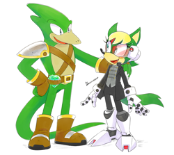 Size: 600x535 | Tagged: safe, artist:drawloverlala, oc, oc:cynthia the wolf, oc:drago the lizard, lizard, wolf, sonic forces, prosthetic, scar, the order emerald