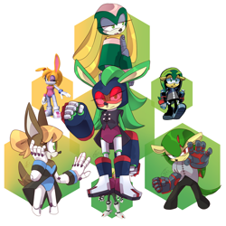 Size: 1750x1750 | Tagged: safe, artist:that-rae-of-sunshine, bunnie rabbot, matilda the armadillo, oc, oc:cynthia the wolf, oc:jab the rabbit, oc:jatoan the rabbot, oc:joan the armadillo, oc:leto the wolf, armadillo, rabbit, wolf, hexafusion, robian