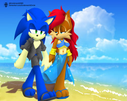 Size: 1033x824 | Tagged: safe, artist:underworldcircle, sally acorn, sonic the hedgehog, lineless, sally x sonic, shipping, straight