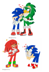 Size: 1857x2677 | Tagged: safe, artist:milk-green-tea, jet the hawk, knuckles the echidna, sonic the hedgehog, 2019, blushing, cute, gay, heart, jet x sonic, jetabetes, knucklebetes, knuxonic, lineless, shipping, signature, simple background, sonabetes, sparkles, trio, white background