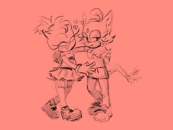 Size: 540x405 | Tagged: safe, artist:pawpawblacksheep, amy rose, blaze the cat, cat, hedgehog, 2020, amy x blaze, cute, eyes closed, female, females only, hand on shoulder, lesbian, line art, shipping, sketch