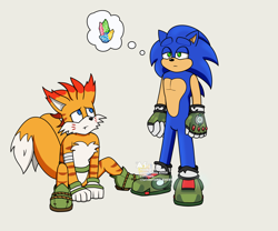 Size: 2048x1707 | Tagged: safe, artist:moontigerange1, mangey, miles "tails" prower, sonic the hedgehog, 2024, aged up, crouching, duo, frown, gay, grey background, looking at them, older, one fang, paradox prism, shipping, signature, simple background, songey, sonic x tails, standing, thought bubble