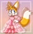 Size: 1019x1041 | Tagged: safe, artist:guiltypandas, miles "tails" prower, fox, 2023, abstract background, blushing, dress, eyelashes, hand on hip, hime lolita, lolita, looking offscreen, nonbinary, princess tails, smile, solo, standing, star (symbol)