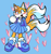 Size: 1050x1106 | Tagged: safe, artist:mercyofempty, miles "tails" prower, 2022, blue background, blushing, clothes, cute, female, heart, heart eyes, jacket, necklace, one fang, shirt, simple background, skirt, smile, solo, standing, trans female, trans girl tails, trans pride, transgender