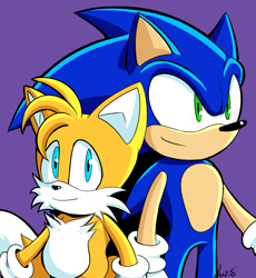 Size: 1749x1903 | Tagged: safe, artist:suzienightsky, miles "tails" prower, sonic the hedgehog, duo, looking at viewer, looking offscreen, purple background, signature, simple background, smile, standing