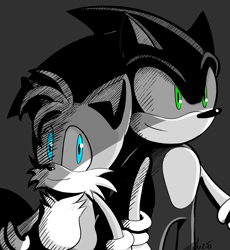 Size: 1749x1903 | Tagged: safe, artist:suzienightsky, miles "tails" prower, sonic the hedgehog, alternate version, duo, grey background, greyscale, looking at viewer, looking offscreen, monochrome, signature, simple background, smile, spot color, standing