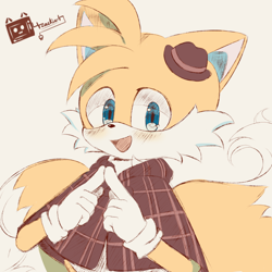 Size: 1024x1024 | Tagged: safe, artist:zackie-hollow, miles "tails" prower, the murder of sonic the hedgehog, blushing, cute, fingers together, looking at viewer, mouth open, signature, simple background, smile, solo, tailabetes