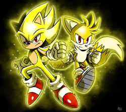 Size: 1123x1000 | Tagged: safe, artist:alexiscreed02, miles "tails" prower, sonic the hedgehog, super sonic, super tails, 2021, black background, clenched fists, duo, frown, looking at viewer, signature, simple background, sonic and tails r (series), super form