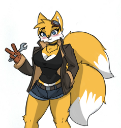 Size: 988x1037 | Tagged: safe, artist:pace-maker, miles "tails" prower, 2023, :3, blushing, brown gloves, gender swap, goggles, hand in pocket, holding something, jacket, looking at viewer, shirt, shorts, simple background, smile, solo, standing, white background, wrench