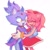 Size: 1080x1080 | Tagged: safe, artist:ajoloteinchabolas89, amy rose, blaze the cat, cat, hedgehog, 2024, amy x blaze, amy's halterneck dress, blaze's tailcoat, blushing, clothes, cute, dress, eyes closed, female, females only, hugging, lesbian, looking at them, mouth open, shipping