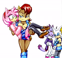 Size: 6584x6192 | Tagged: safe, artist:amortem-kun, amy rose, blaze the cat, rouge the bat, sally acorn, 2015, blushing, carrying them, cross popping vein, frown, group, implied blazamy, implied rougamy, jealously, lesbian, lidded eyes, sallamy, shipping, smile