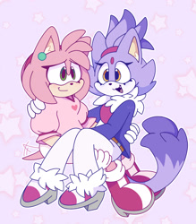 Size: 2048x2341 | Tagged: safe, artist:plushybluecat, amy rose, blaze the cat, cat, hedgehog, 2023, amy x blaze, carrying them, cute, female, females only, lesbian, shipping, sitting on them