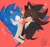 Size: 1080x1010 | Tagged: safe, artist:akkoart, shadow the hedgehog, sonic the hedgehog, sonic prime, blushing, bust, duo, frown, gay, hand on another's face, holding them, lidded eyes, looking at each other, mouth open, red background, shadow x sonic, shipping, signature, simple background, sonic prime s3, sparkles, surprised