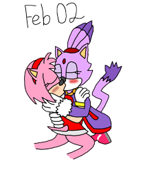 Size: 2048x2422 | Tagged: safe, artist:horroraceman93, amy rose, blaze the cat, cat, hedgehog, 2023, amy x blaze, amy's halterneck dress, blaze's tailcoat, blushing, cute, eyes closed, female, females only, hand on shoulder, hands on back, kiss, lesbian, shipping