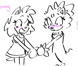 Size: 1080x921 | Tagged: safe, artist:miles-deerbun, amy rose, blaze the cat, cat, hedgehog, 2023, amy x blaze, amy's halterneck dress, blaze's tailcoat, blushing, cute, female, females only, holding hands, lesbian, line art, mouth open, shipping, sketch