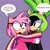 Size: 2048x2048 | Tagged: safe, artist:wolfyisdumb, amy rose, surge the tenrec, 2023, blushing, dialogue, duo, english text, holding them, lesbian, lesbian amy, lesbian pride, lesbian surge, long bacon, looking at them, meme, mouth open, pride, pride flag, purple background, scarf, shipping, signature, simple background, smile, speech bubble, standing, surgamy
