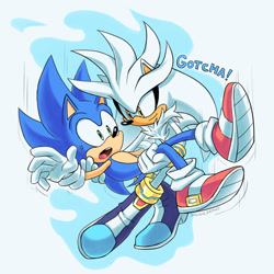 Size: 2048x2048 | Tagged: safe, artist:siggiedraws, silver the hedgehog, sonic the hedgehog, carrying them, catch, duo, english text, flying, gay, rescue, shipping, signature, sonilver, sweatdrop