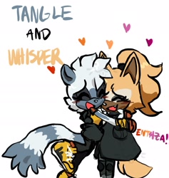 Size: 1779x1876 | Tagged: safe, artist:enthza, tangle the lemur, whisper the wolf, 2023, blushing, cute, duo, english text, heart, hugging, lesbian, lesbian pride, mouth open, pride, shipping, signature, simple background, smile, tangabetes, tangle x whisper, whispabetes, white background