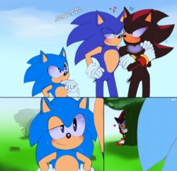 Size: 2048x1984 | Tagged: safe, artist:shady_tr, shadow the hedgehog, sonic the hedgehog, sonic x shadow generations, 2024, abstract background, arm around shoulders, arms folded, blushing, classic shadow, classic sonic, comic, english text, gay, grass, heart, hiding, looking at each other, looking at them, modern sonic, self paradox, shadow x sonic, shipping, standing, sweatdrop, tree, trio, wagging tail