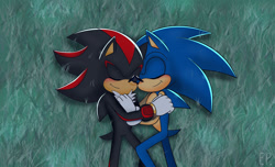 Size: 2000x1219 | Tagged: safe, artist:fennecp, shadow the hedgehog, sonic the hedgehog, 2024, blushing, cute, duo, eyes closed, gay, grass, lying down, lying on side, nighttime, outdoors, shadow x sonic, shipping, signature, smile