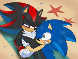 Size: 2000x1525 | Tagged: safe, artist:fennecp, shadow the hedgehog, sonic the hedgehog, 2024, abstract background, beach, blushing, daytime, duo, frown, gay, hugging, literal animal, looking at each other, lying down, lying on front, outdoors, shadow x sonic, shipping, smile, squinting, starfish, towel, wink