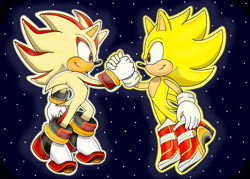 Size: 3051x2189 | Tagged: safe, artist:hedgecatdragonix, shadow the hedgehog, sonic the hedgehog, super shadow, super sonic, sonic adventure 2, 2024, abstract background, duo, flying, holding hands, looking at each other, outline, redraw, smile, soap shoes, star (sky), super form