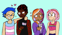 Size: 1280x731 | Tagged: safe, artist:infizero-draws, amy rose, blaze the cat, shadow the hedgehog, sonic the hedgehog, human, :3, amy x blaze, arm around shoulders, blue background, cute, eyes closed, face paint, flag, gay, gay pride, group, heart, holding something, humanized, lesbian, lesbian pride, looking at each other, looking at them, pansexual, pansexual pride, pride, pride flag, shadow x sonic, shipping, simple background, smile, sparkles, standing, trans female, trans male, trans pride, transgender