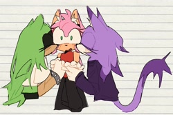 Size: 2048x1366 | Tagged: safe, artist:sharks3ye, amy rose, blaze the cat, surge the tenrec, 2024, alternate outfit, amy x blaze, amy x blaze x surge, blushing, ear fluff, eyes closed, holding hands, kiss on cheek, lesbian, mouth open, polyamory, shipping, shrunken pupils, surgamy, surprised, trio