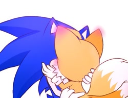 Size: 449x344 | Tagged: safe, artist:nekitogame67025, miles "tails" prower, sonic the hedgehog, 2024, blushing, blushing ears, duo, gay, holding each other, kiss, shipping, simple background, sonic x tails, white background