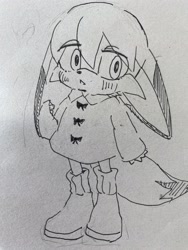 Size: 1536x2048 | Tagged: safe, artist:tomii_pepe, kit the fennec, 2024, blushing, cute, eye clipping through hair, kitabetes, line art, looking offscreen, monochrome, mouth open, raincoat, solo, standing, traditional media