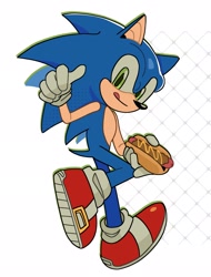 Size: 1553x2048 | Tagged: safe, artist:pw1wi, sonic the hedgehog, 2024, chili dog, food, holding something, licking lips, looking at viewer, outline, smile, solo, thumbs up, tongue out