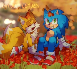 Size: 1452x1304 | Tagged: safe, artist:pepper-syrup, miles "tails" prower, sonic the hedgehog, sonic the hedgehog 2 (2022), 2024, abstract background, autumn, cute, daytime, duo, english text, kneeling, leaf, looking at viewer, outdoors, playing, sitting, smile