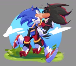 Size: 1530x1336 | Tagged: safe, artist:ikyiri, shadow the hedgehog, sonic the hedgehog, 2024, abstract background, blushing, clouds, duo, exclamation mark, eyes closed, gay, grass, holding each other, kiss, outdoors, shadow x sonic, shipping, surprise kiss, surprised, wagging tail, walking