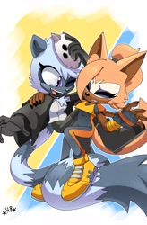 Size: 2630x4016 | Tagged: safe, artist:buddyhyped, tangle the lemur, whisper the wolf, holding each other, lesbian, outfit swap, shipping, tangle x whisper, tangle's running suit, whisper's mask