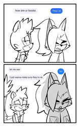 Size: 1240x1960 | Tagged: safe, artist:qqhoneydew_, tangle the lemur, whisper the wolf, 2024, border, dialogue, duo, english text, eyes closed, facebook messenger, lesbian, lidded eyes, line art, looking at them, panels, shipping, simple background, standing, tangle x whisper, white background