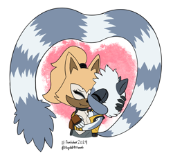 Size: 2047x1842 | Tagged: safe, artist:ragdollartwork, tangle the lemur, whisper the wolf, 2024, duo, eyes closed, fantober, heart tail, kiss on head, lesbian, shipping, signature, simple background, smile, standing, tangle x whisper, white background
