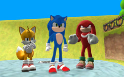 Size: 1131x707 | Tagged: safe, artist:puzzlshield2, knuckles the echidna, miles "tails" prower, sonic the hedgehog, 3d, mmd, team sonic