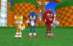 Size: 1920x1200 | Tagged: safe, artist:puzzlshield2, knuckles the echidna, miles "tails" prower, sonic the hedgehog, 3d, mmd, team sonic