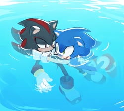 Size: 1200x1073 | Tagged: safe, artist:roastedgarlics2, shadow the hedgehog, sonic the hedgehog, duo, gay, holding each other, shadow x sonic, shipping, swimming, water