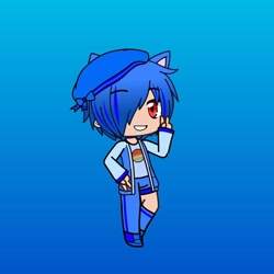 Size: 720x720 | Tagged: safe, artist:felipethehedgehod245, oc, oc:felipe the hedgehog, human, asymmetrical legwear, blue hair, hair over one eye, hat, humanized, male, red eyes, shirt, shoes, shorts, single kneehigh, single pantsleg, vest