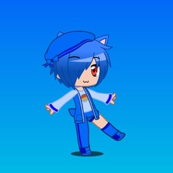 Size: 720x720 | Tagged: safe, artist:felipethehedgehod245, oc, oc:felipe the hedgehog, human, asymmetrical legwear, blue hair, hair over one eye, hat, humanized, male, red eyes, shirt, shoes, shorts, single kneehigh, single pantsleg, vest