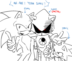 Size: 966x821 | Tagged: safe, artist:furmpaino, metal sonic, sonic the hedgehog, classic sonic, monochrome, robot, self paradox, trio