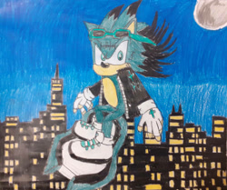 Size: 978x817 | Tagged: safe, artist:theoneandonlycactus, oc, oc:cactus the hedgehog, hedgehog, fingerless gloves, gloves, goggles, goggles on head, green eyes, green fur, jacket, male, shoes, skateboard, socks