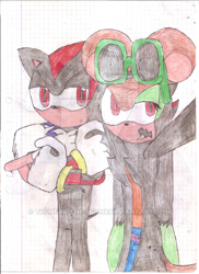 Size: 400x550 | Tagged: safe, artist:thunder-the-mouse, shadow the hedgehog, oc, oc:thunder dark the hedgemouse, traditional media