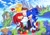 Size: 2048x1448 | Tagged: safe, artist:drawloverlala, knuckles the echidna, miles "tails" prower, sonic the hedgehog, bridge, clouds, daytime, eyes closed, flower, flying, grass, hugging, kneeling, loop, mountain, outdoors, palm tree, rock, spinning tails, standing, standing on one leg, team sonic, treads, water, waterfall