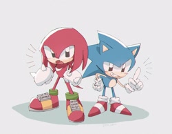 Size: 1252x970 | Tagged: safe, artist:pita_b882, knuckles the echidna, sonic the hedgehog, duo, grey background, simple background