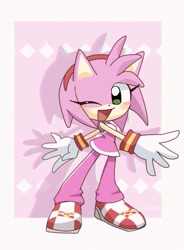 Size: 659x895 | Tagged: safe, artist:pita_b882, amy rose, pink background, riders outfit, solo, sonic riders, standing, wink