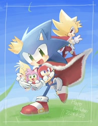 Size: 768x983 | Tagged: safe, artist:pita_b882, amy rose, knuckles the echidna, miles "tails" prower, sonic the hedgehog, super sonic, birthday, cape, carrying them, crown, dated, daytime, group, happy birthday, king sonic, outdoors, super form, v sign