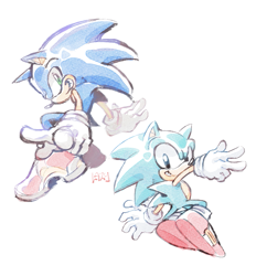 Size: 647x697 | Tagged: safe, artist:lazydayslivin, sonic the hedgehog, classic sonic, duo, self paradox, simple background, soap shoes, white background